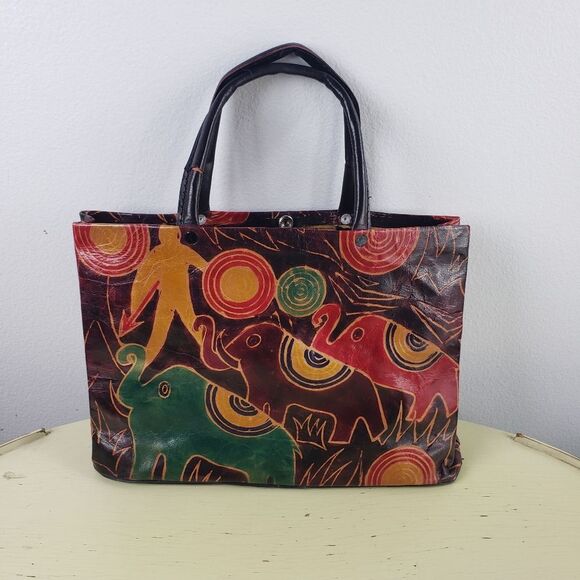 Handbags - Women's Vintage Handmade Leather Colorful Elephant Snap Handbag Purse